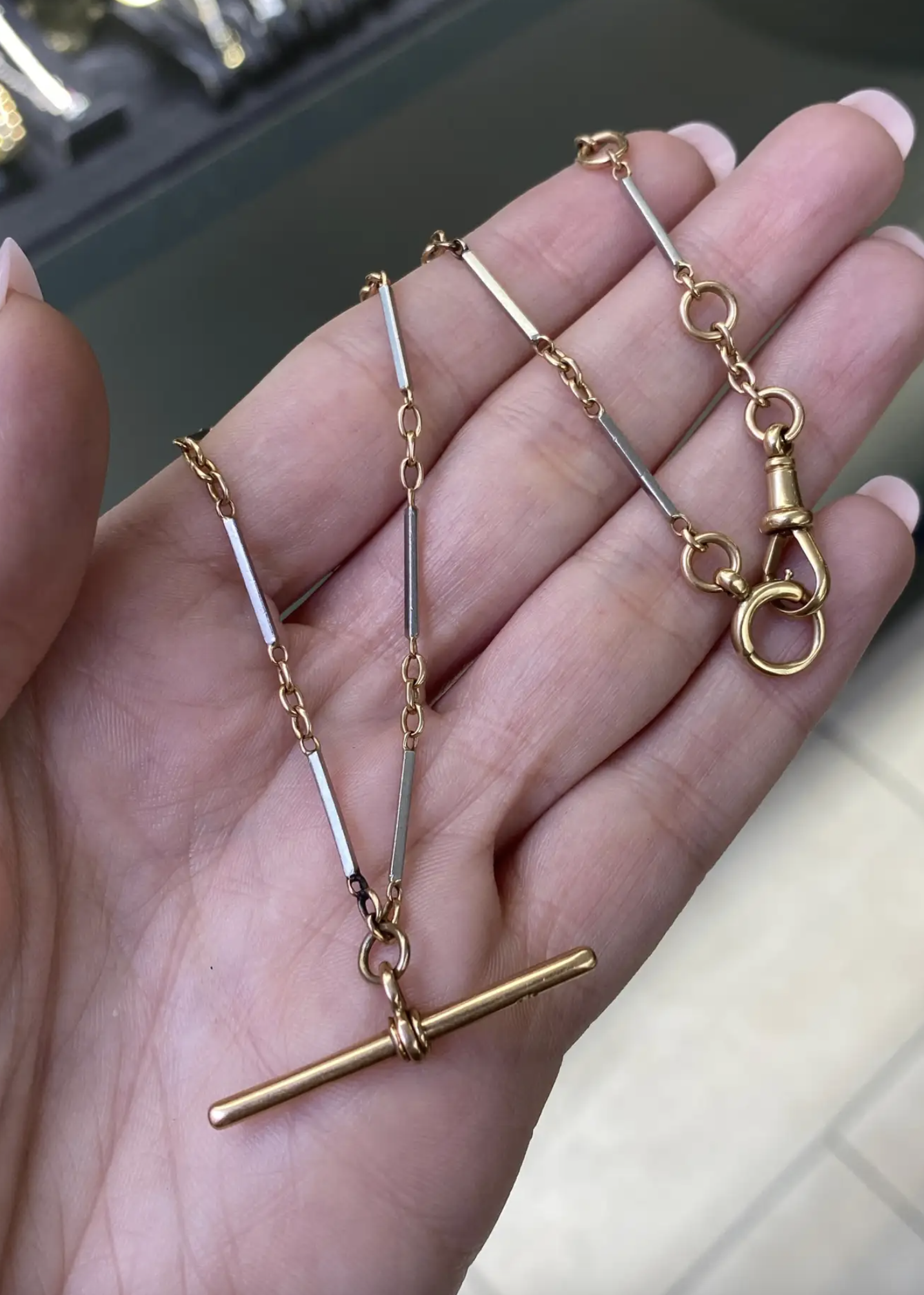 Antique 18 Carat Rose Gold and Platinum Two-Tone Bar Link Chain with T-Bar