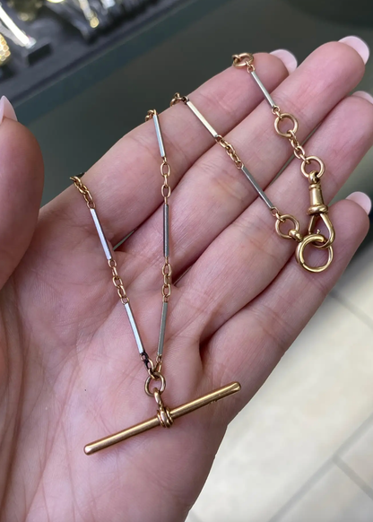 Antique 18 Carat Rose Gold and Platinum Two-Tone Bar Link Chain with T-Bar