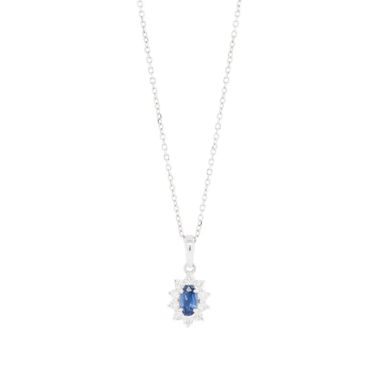 Oval Blue Sapphire and Diamond 18 Carat White Gold Necklace