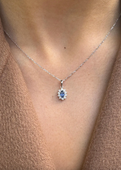 Oval Blue Sapphire and Diamond 18 Carat White Gold Necklace
