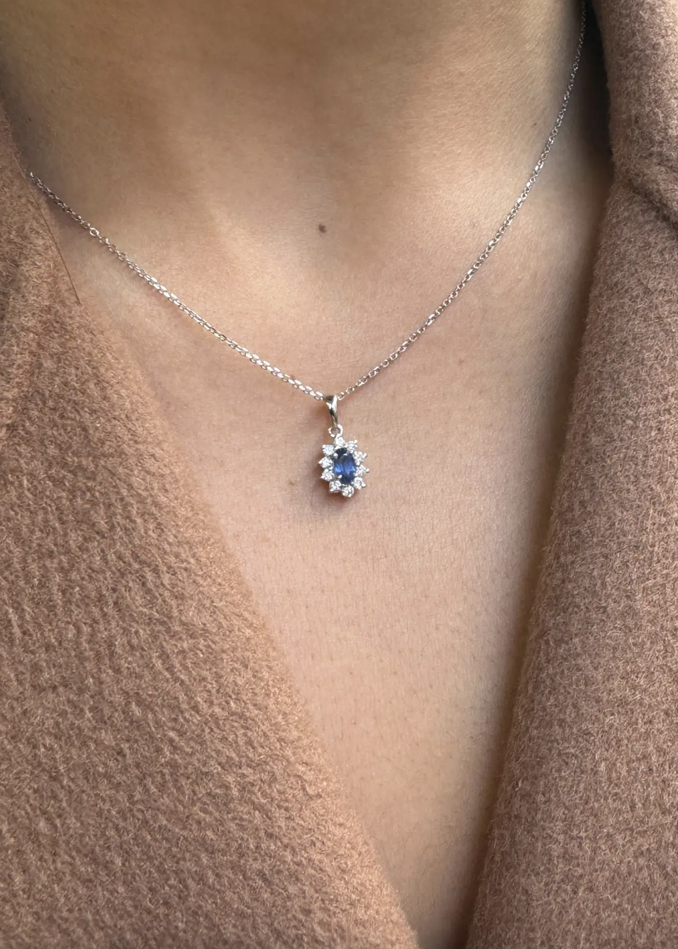 Oval Blue Sapphire and Diamond 18 Carat White Gold Necklace