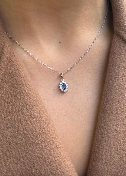 Oval Blue Sapphire and Diamond 18 Carat White Gold Necklace
