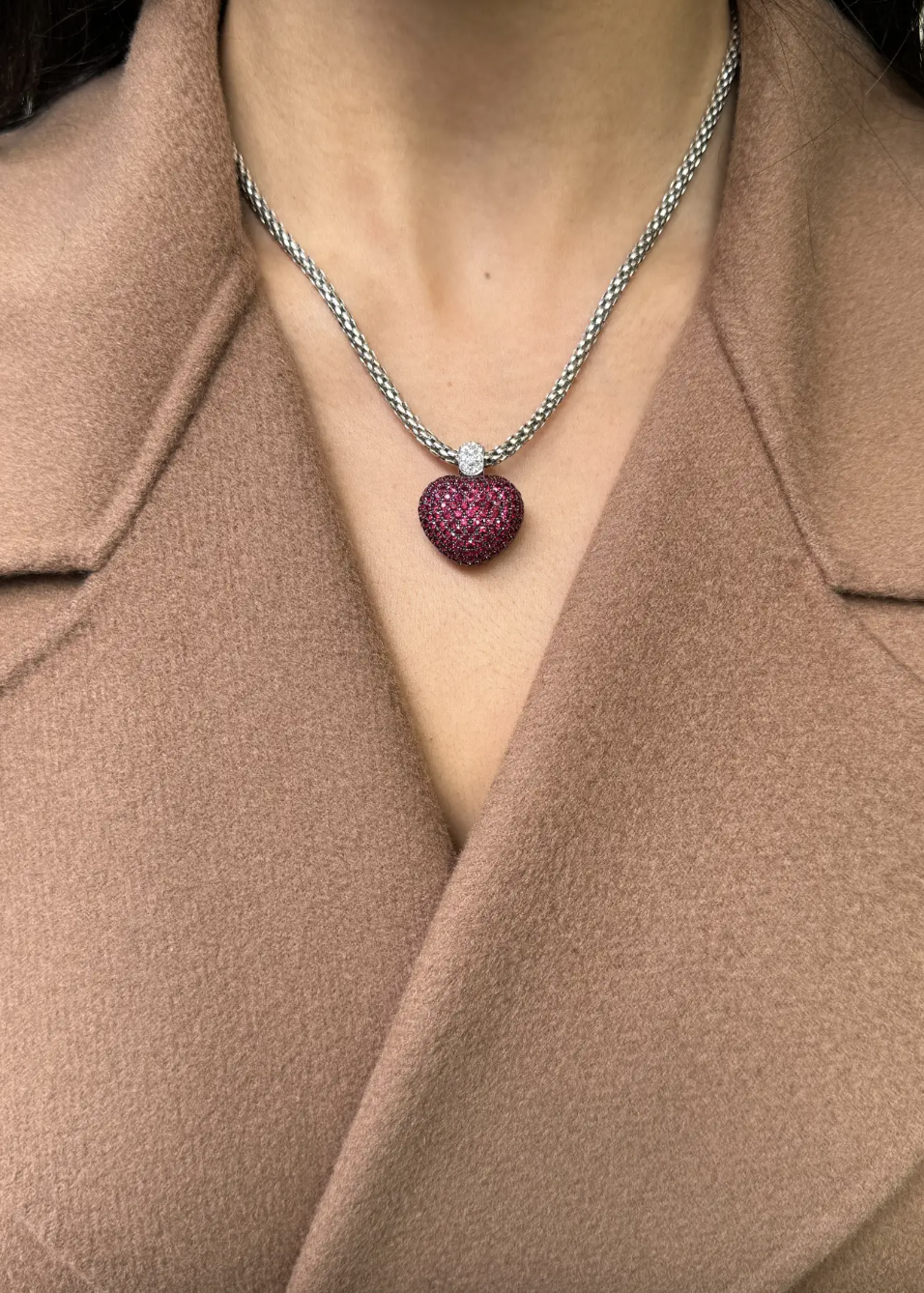Pavé Ruby and Diamond Three-Dimensional Heart Pendant in 18 Carat White Gold