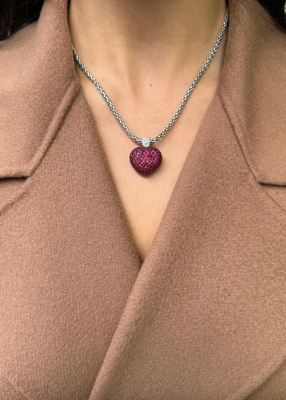 Pavé Ruby and Diamond Three-Dimensional Heart Pendant in 18 Carat White Gold