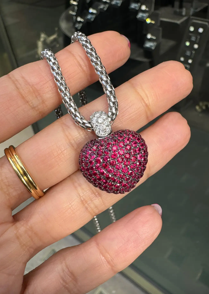 Pavé Ruby and Diamond Three-Dimensional Heart Pendant in 18 Carat White Gold