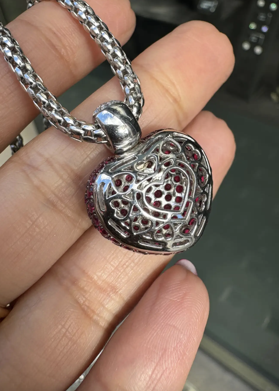 Pavé Ruby and Diamond Three-Dimensional Heart Pendant in 18 Carat White Gold