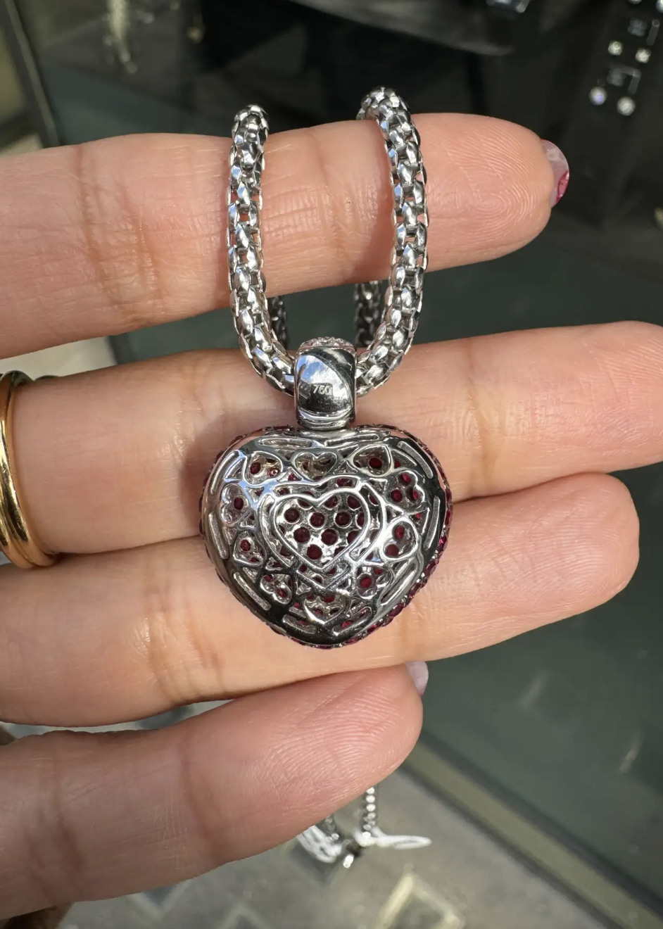 Pavé Ruby and Diamond Three-Dimensional Heart Pendant in 18 Carat White Gold