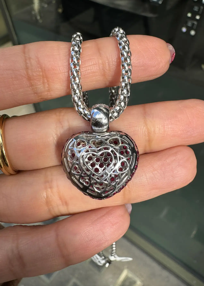 Pavé Ruby and Diamond Three-Dimensional Heart Pendant in 18 Carat White Gold