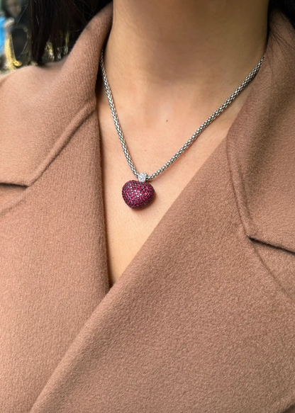 Pavé Ruby and Diamond Three-Dimensional Heart Pendant in 18 Carat White Gold