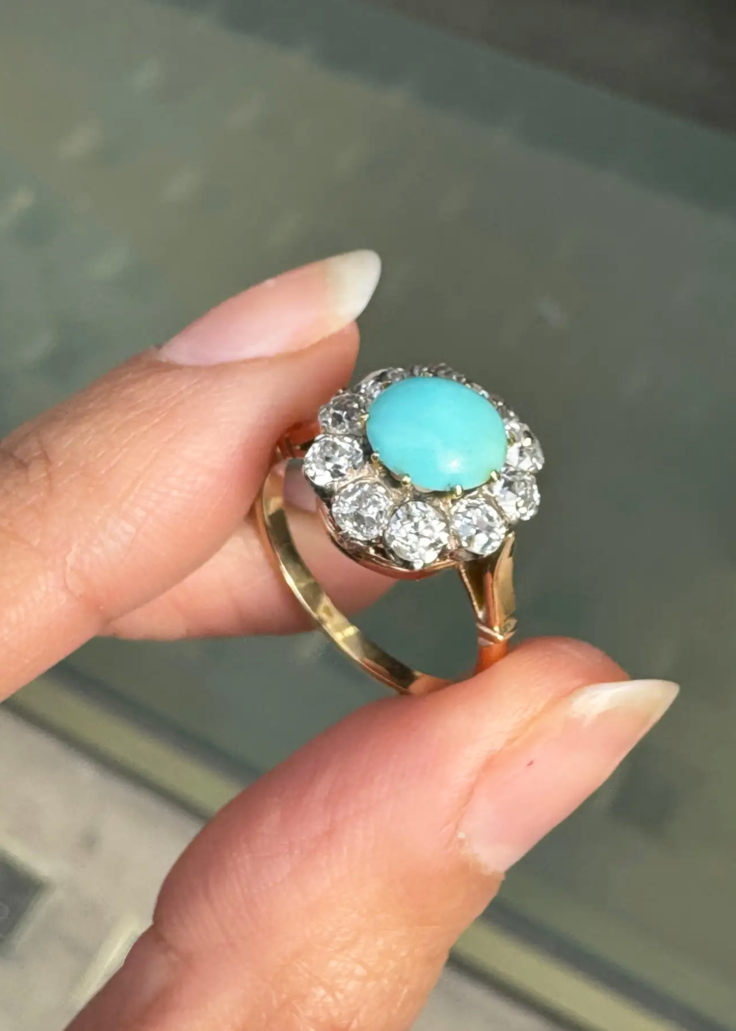 Cabochon Turquoise & Old Cut Diamond 18K Gold and Platinum Coronet Cluster Ring
