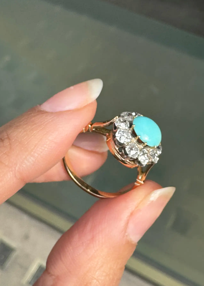 Cabochon Turquoise & Old Cut Diamond 18K Gold and Platinum Coronet Cluster Ring