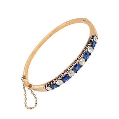 Late Victorian Blue Sapphire & Od Cut Diamond 18K Rose Gold Bangle, c.1880s