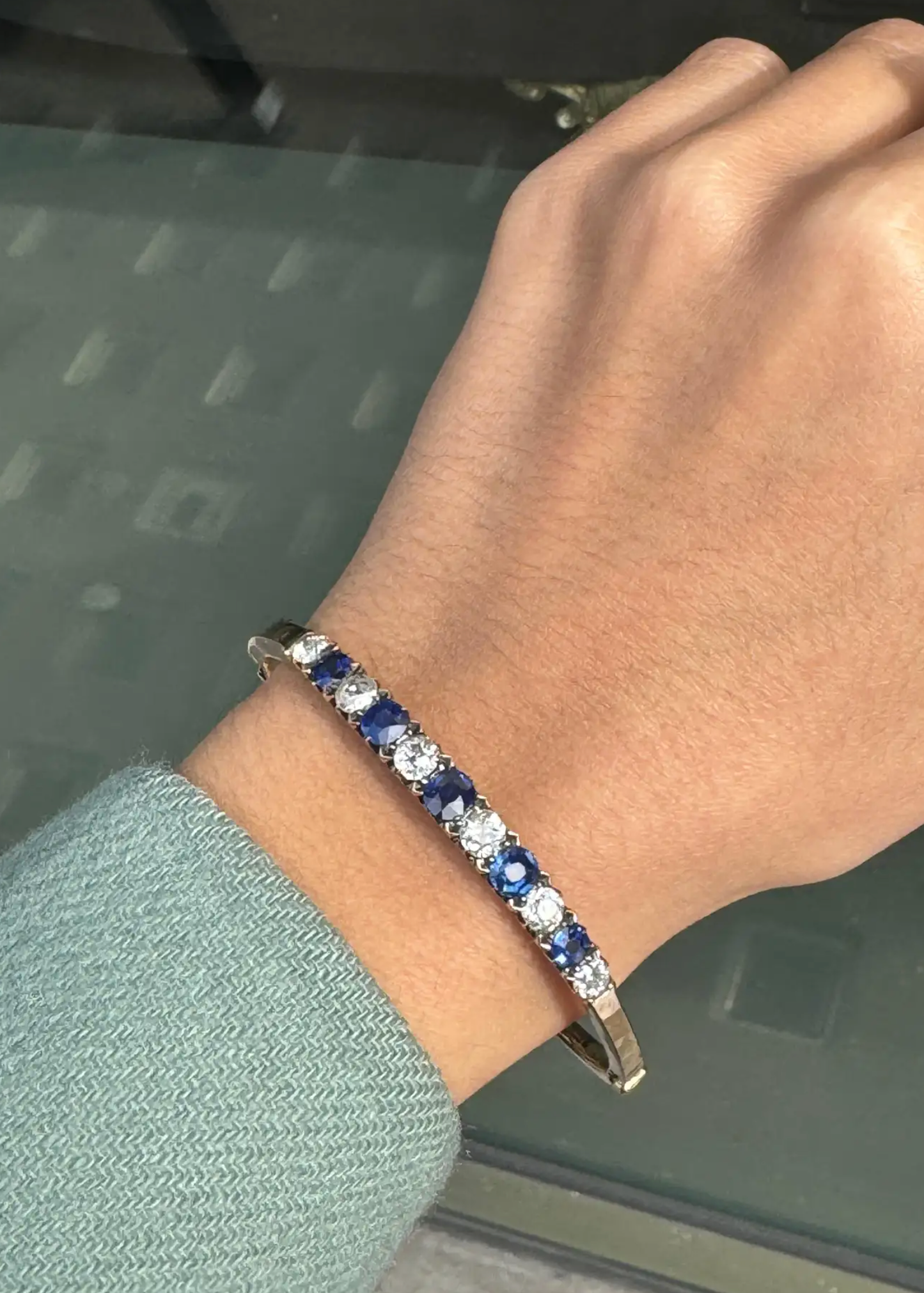 Late Victorian Blue Sapphire & Od Cut Diamond 18K Rose Gold Bangle, c.1880s