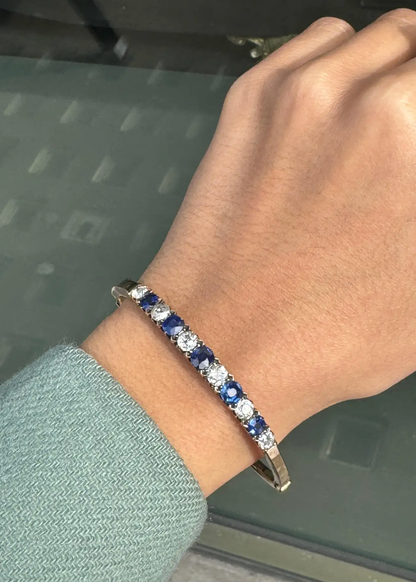 Late Victorian Blue Sapphire & Od Cut Diamond 18K Rose Gold Bangle, c.1880s