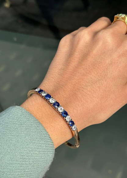 Late Victorian Blue Sapphire & Od Cut Diamond 18K Rose Gold Bangle, c.1880s
