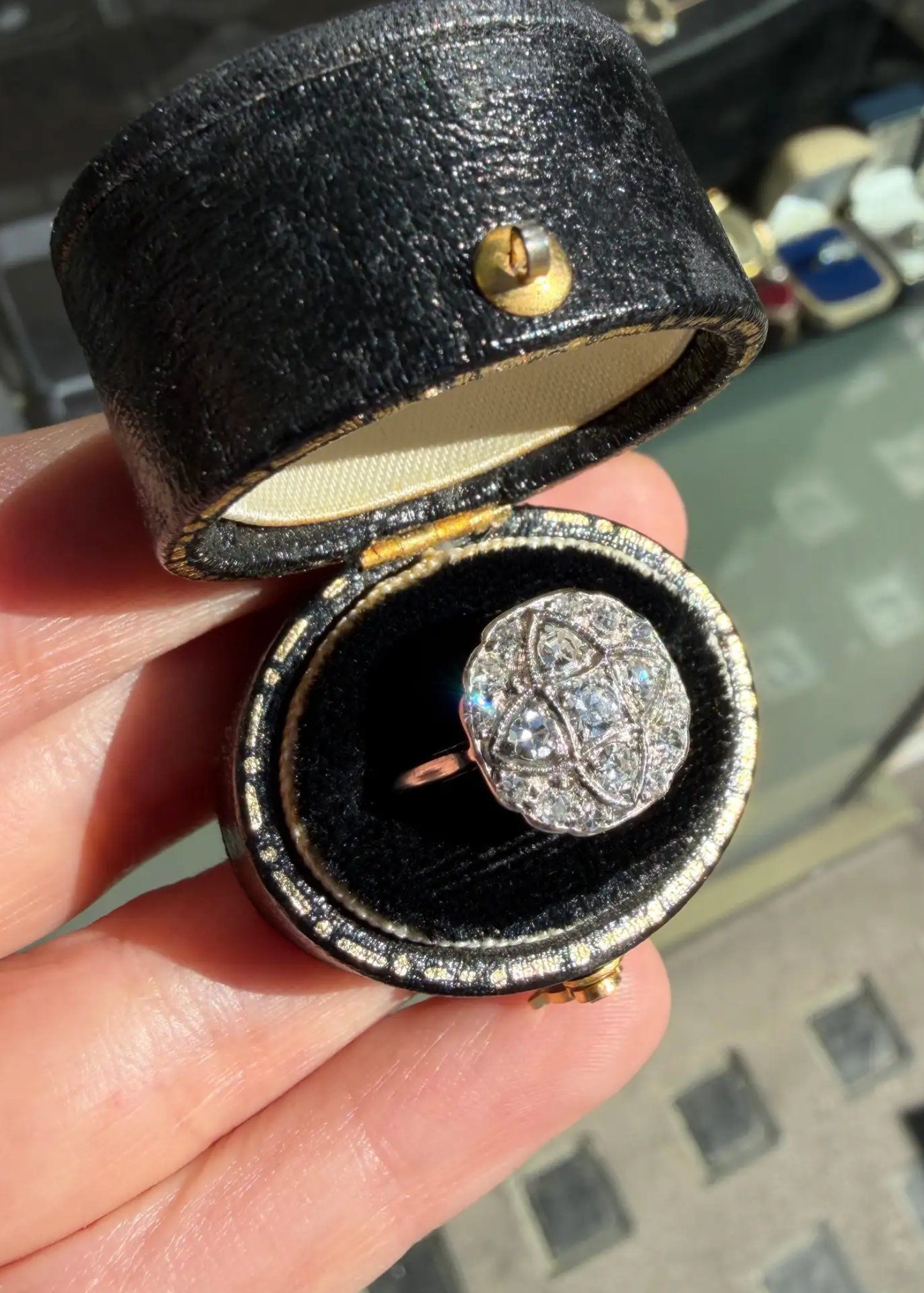 Antique Old Cut Diamond Platinum & 18 Carat White Gold Art Deco Cluster Ring
