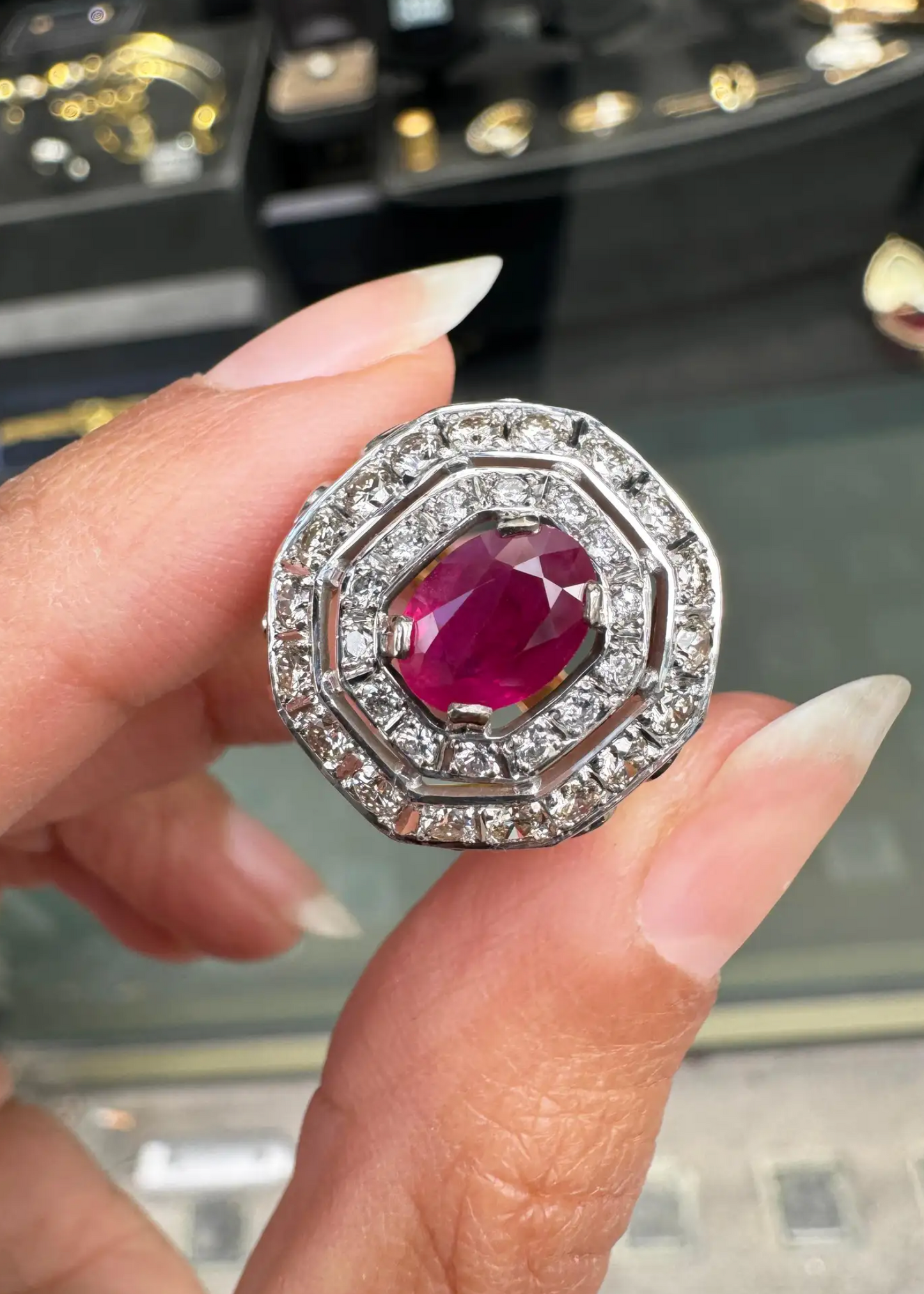 Oval Ruby and Diamond Double Halo 18K Yellow & White Gold Octagonal Dress Ring
