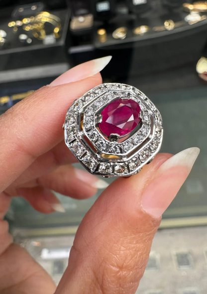 Oval Ruby and Diamond Double Halo 18K Yellow & White Gold Octagonal Dress Ring