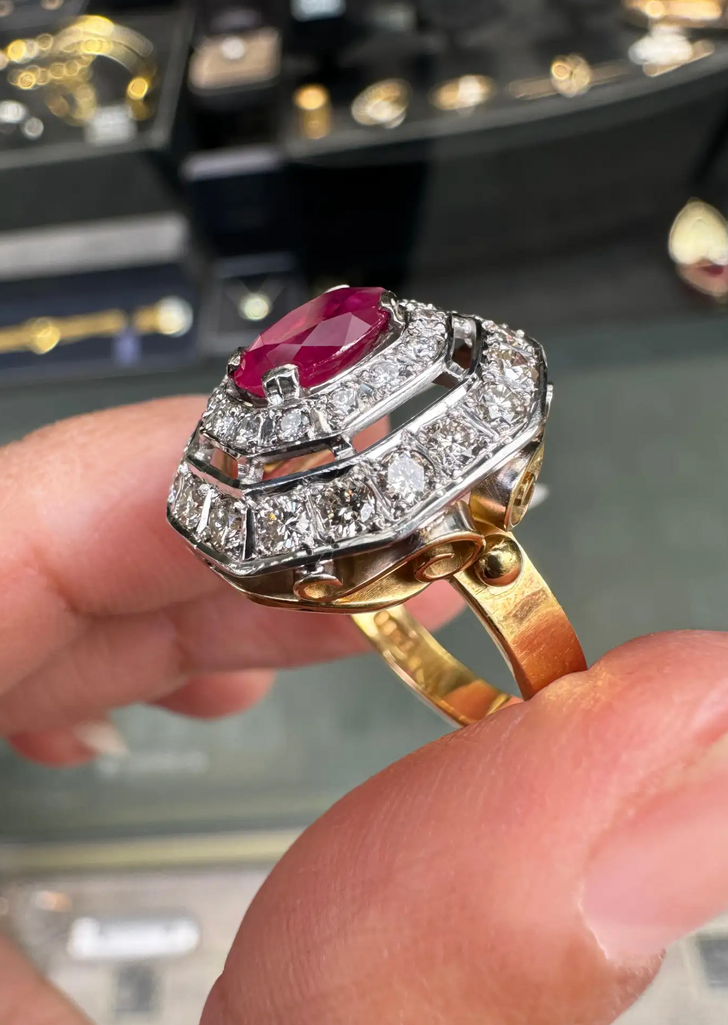 Oval Ruby and Diamond Double Halo 18K Yellow & White Gold Octagonal Dress Ring