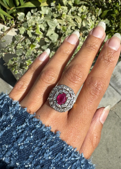 Oval Ruby and Diamond Double Halo 18K Yellow & White Gold Octagonal Dress Ring