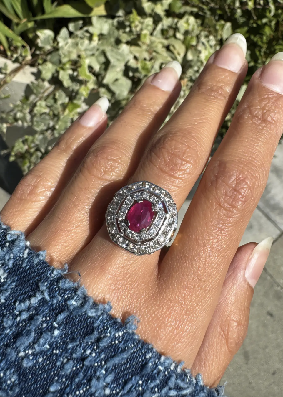 Oval Ruby and Diamond Double Halo 18K Yellow & White Gold Octagonal Dress Ring