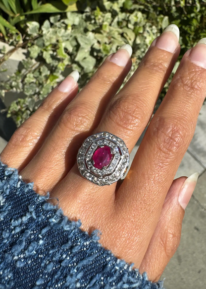 Oval Ruby and Diamond Double Halo 18K Yellow & White Gold Octagonal Dress Ring