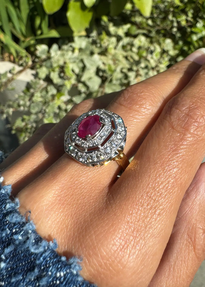 Oval Ruby and Diamond Double Halo 18K Yellow & White Gold Octagonal Dress Ring