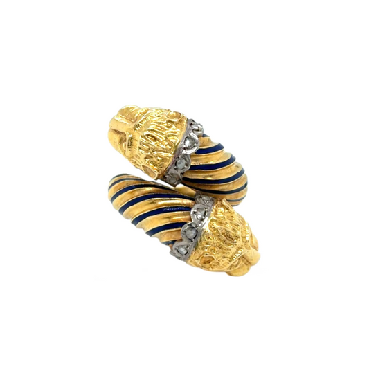 Blue Enamel and Diamond 18 Carat Yellow Gold Feline Head Crossover Cocktail Ring