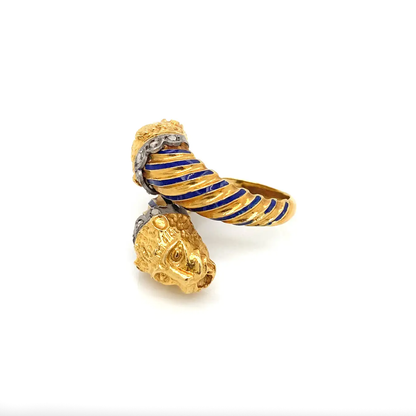 Blue Enamel and Diamond 18 Carat Yellow Gold Feline Head Crossover Cocktail Ring