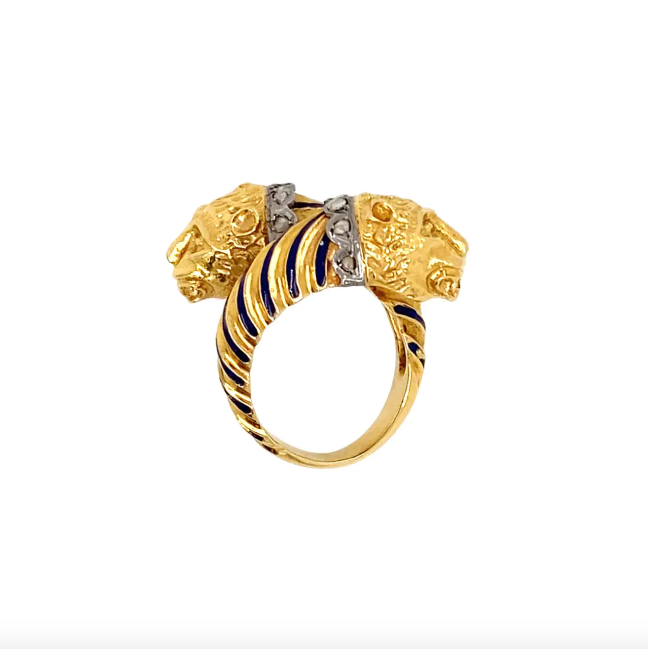 Blue Enamel and Diamond 18 Carat Yellow Gold Feline Head Crossover Cocktail Ring