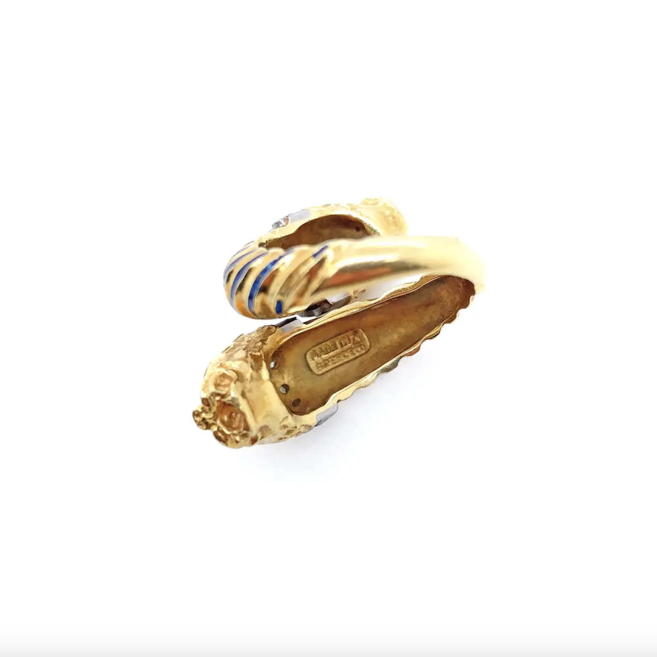 Blue Enamel and Diamond 18 Carat Yellow Gold Feline Head Crossover Cocktail Ring