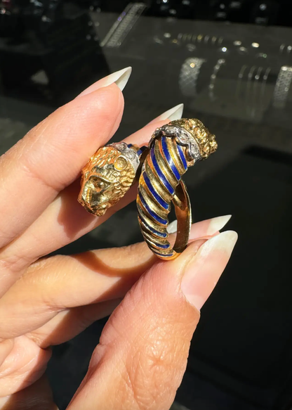 Blue Enamel and Diamond 18 Carat Yellow Gold Feline Head Crossover Cocktail Ring