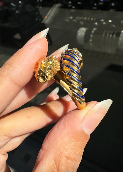Blue Enamel and Diamond 18 Carat Yellow Gold Feline Head Crossover Cocktail Ring