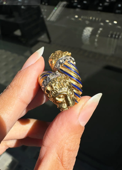 Blue Enamel and Diamond 18 Carat Yellow Gold Feline Head Crossover Cocktail Ring