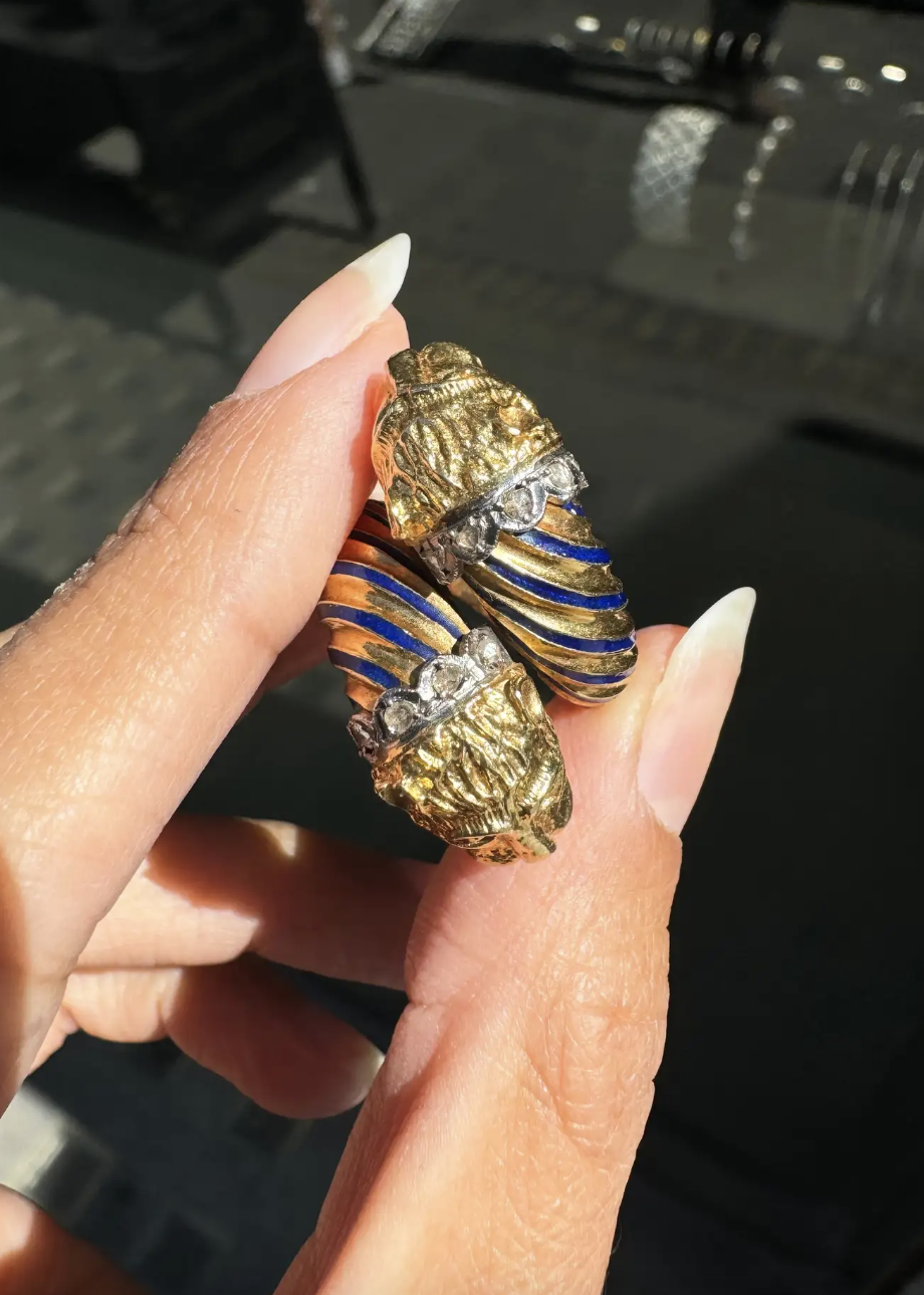 Blue Enamel and Diamond 18 Carat Yellow Gold Feline Head Crossover Cocktail Ring