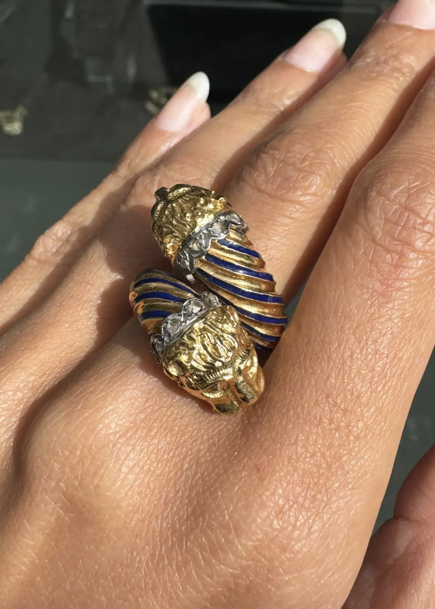 Blue Enamel and Diamond 18 Carat Yellow Gold Feline Head Crossover Cocktail Ring