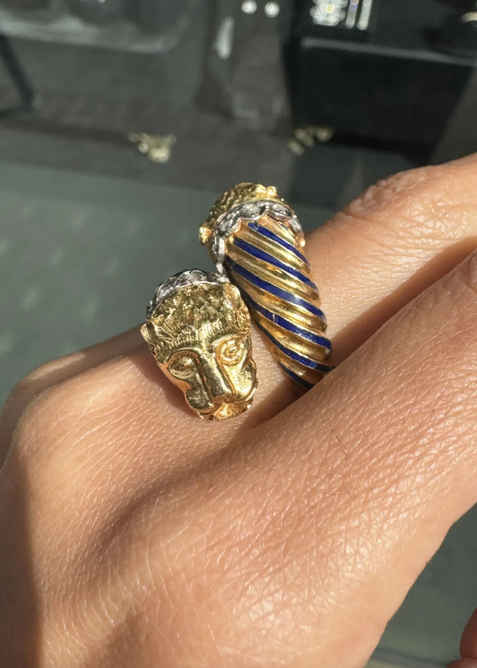 Blue Enamel and Diamond 18 Carat Yellow Gold Feline Head Crossover Cocktail Ring