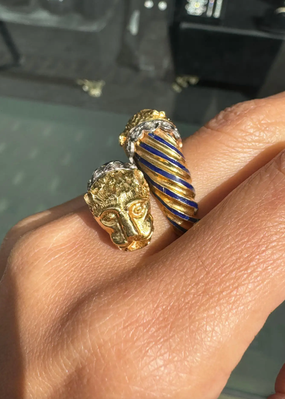 Blue Enamel and Diamond 18 Carat Yellow Gold Feline Head Crossover Cocktail Ring