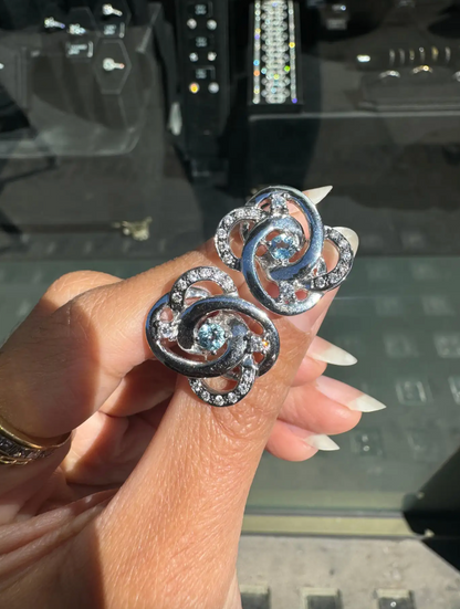 Aquamarine and Diamond 18 Carat White Gold Interwoven Open Work Stud Earrings