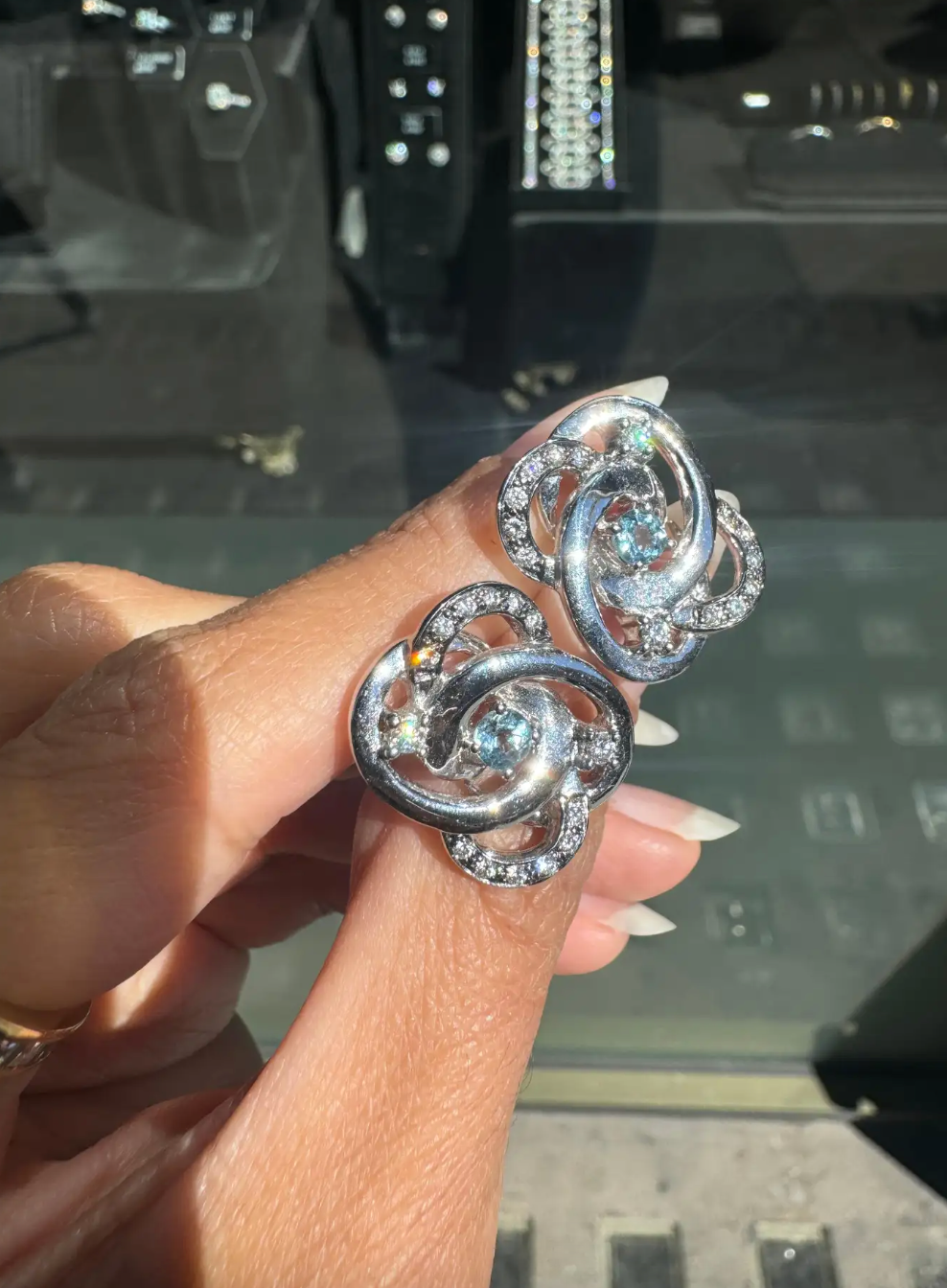 Aquamarine and Diamond 18 Carat White Gold Interwoven Open Work Stud Earrings