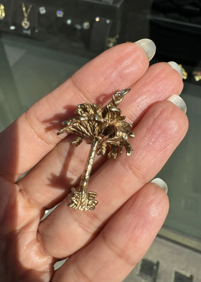 Vintage Solid 9 Carat Yellow Gold 3D Palm Tree Charm/Pendant, 1971