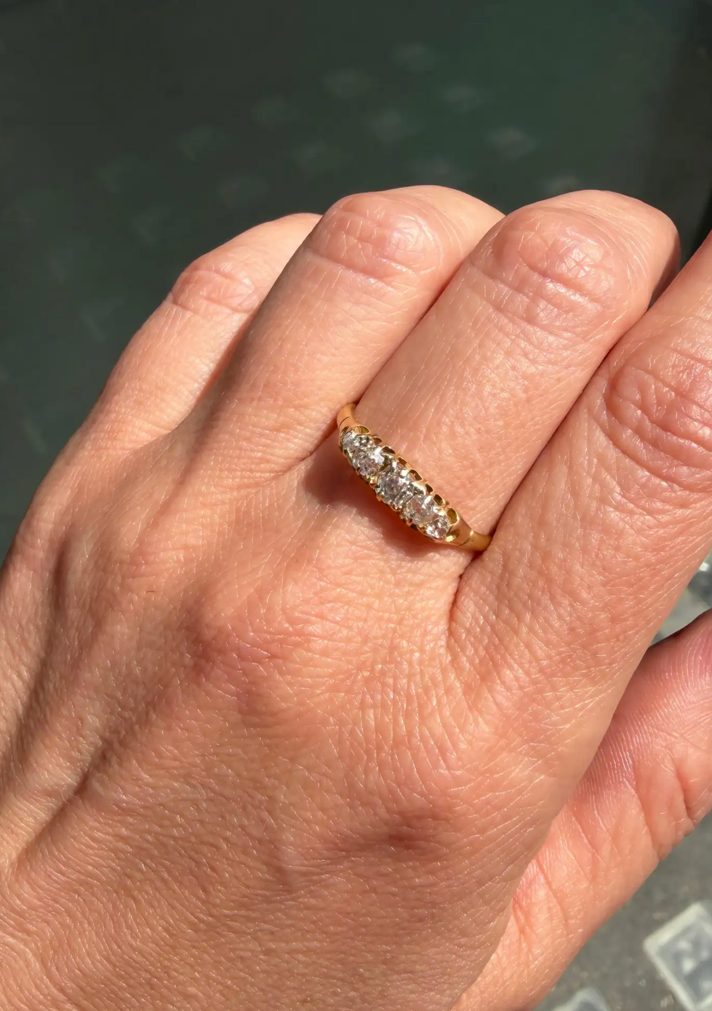Late Victorian Old Cut Diamond 18 Carat Yellow Gold Five-Stone Ring, c.1870s