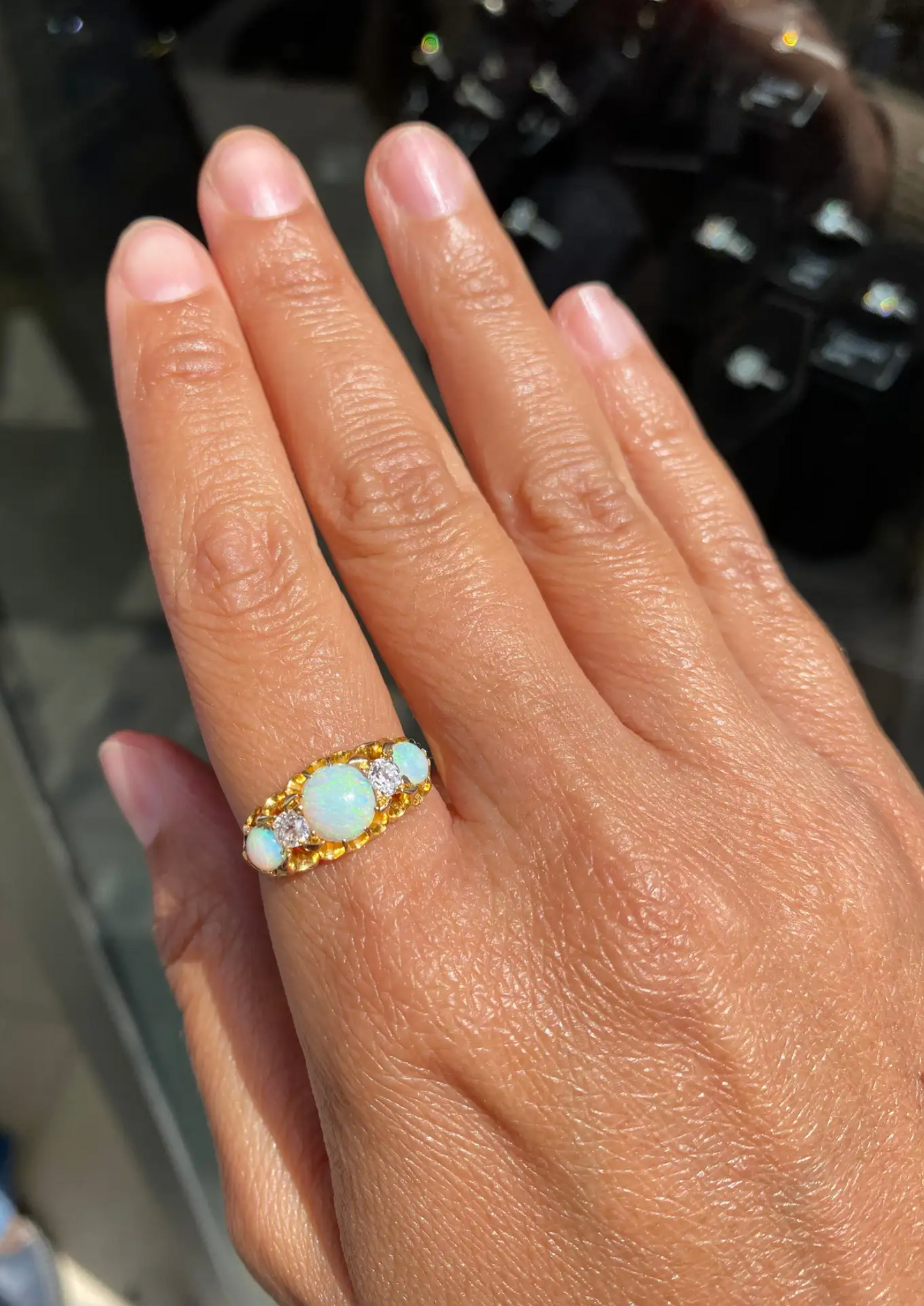 Late Victorian Opal & Old Cut Diamond 18 Carat Yellow Gold Five-Stone Ring, 1899