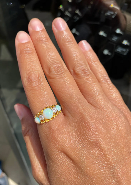 Late Victorian Opal & Old Cut Diamond 18 Carat Yellow Gold Five-Stone Ring, 1899