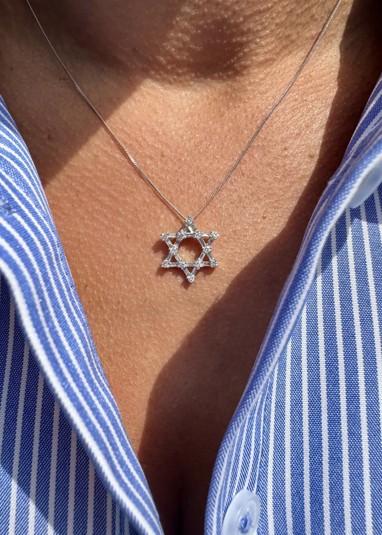 Star of David Baguette & Brilliant Cut Diamond 18K White Gold Open Work Pendant