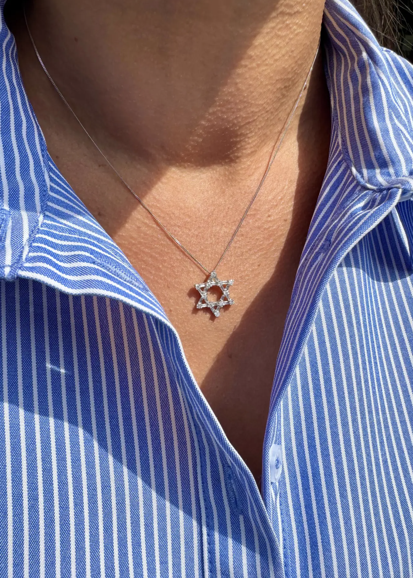 Star of David Baguette & Brilliant Cut Diamond 18K White Gold Open Work Pendant