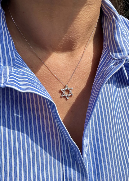 Star of David Baguette & Brilliant Cut Diamond 18K White Gold Open Work Pendant