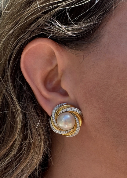 Mikimoto Mabe Pearl and Diamond Two-Tone 18 Carat Gold Lever-Back Earrings