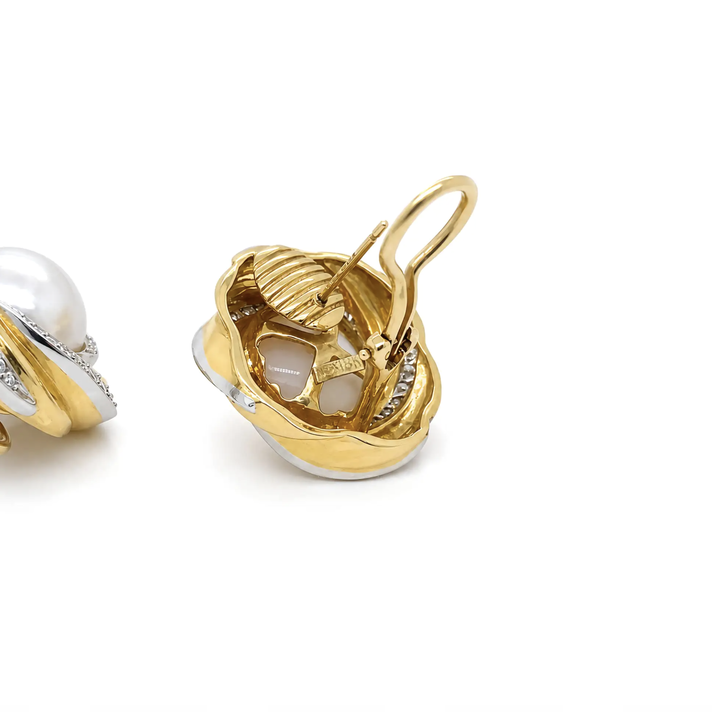 Mikimoto Mabe Pearl and Diamond Two-Tone 18 Carat Gold Lever-Back Earrings