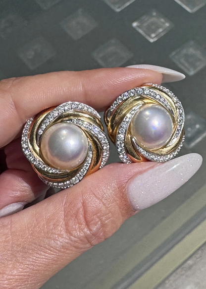Mikimoto Mabe Pearl and Diamond Two-Tone 18 Carat Gold Lever-Back Earrings